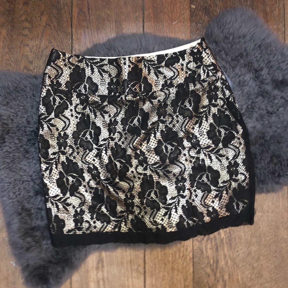 Black Lace over Champagne Satin Mini Skirt